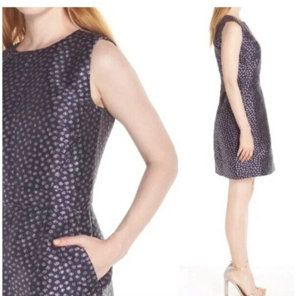 J Crew Sheath Dress Women's 0 Metallic Navy Purple Flowers Mini Sleeveless - Picture 6 of 10